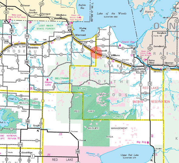 Minnesota State Highway Map of the Roosevelt Minnesota area 