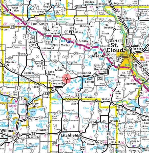 Minnesota State Highway Map of the Roscoe Minnesota area 