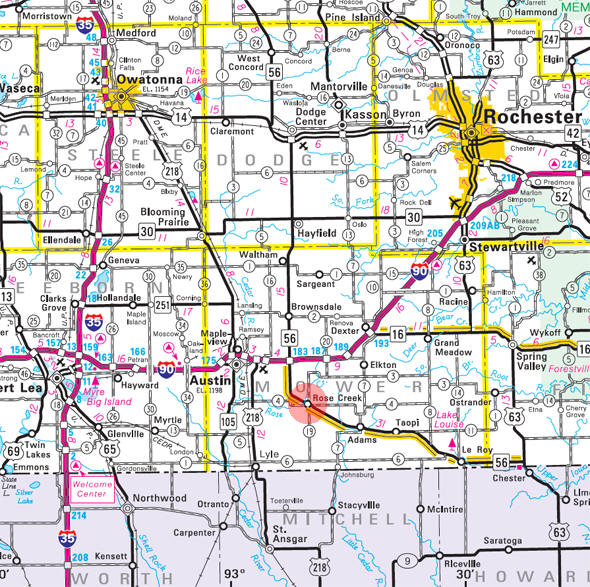 Minnesota State Highway Map of the Rose Creek Minnesota area 