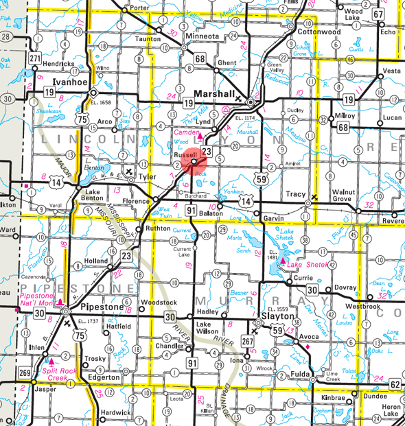Minnesota State Highway Map of the Russell Minnesota area