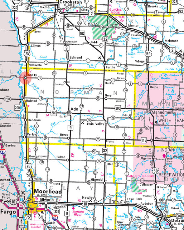Minnesota State Highway Map of the Shelly Minnesota area