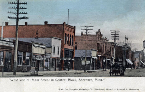 West side of Main Street in Central Block, Sherburn Minnesota, 1909