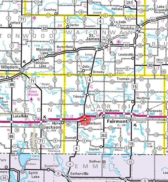 Minnesota State Highway Map of the Sherburn Minnesota area 