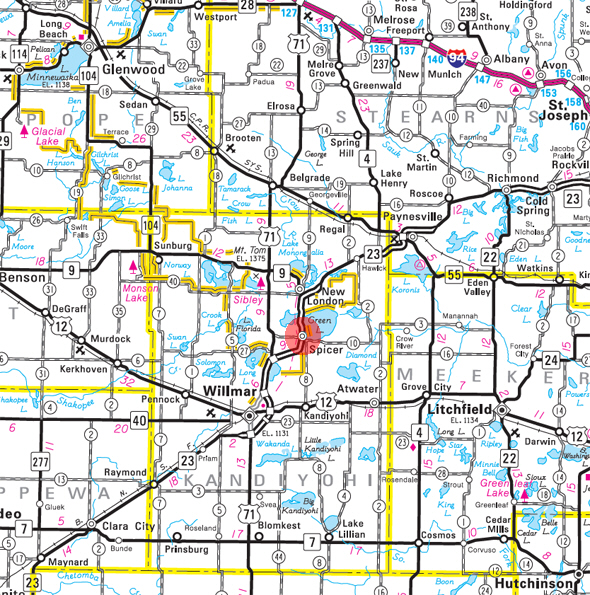 Minnesota State Highway Map of the Spicer Minnesota area