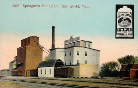 Springfield Milling Company and a sack of White Swan Flour, Springfield, Minnesota, 1910