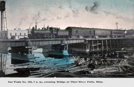 Soo Train No. 162 crossing the bridge at Thief River Falls Minnesota, 1910's