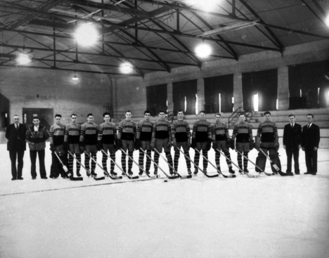 Virginia City Hockey Team group portrait, Virginia Recreational Building, Virginia Minnesota, 1930's