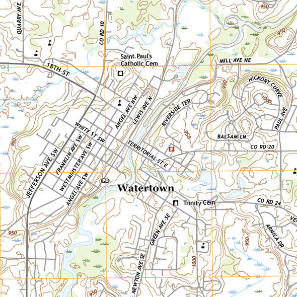 Topographic map of the Watertown Minnesota area