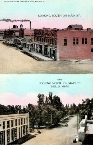 Two views of Main Street, Wells Minnesota, 1910