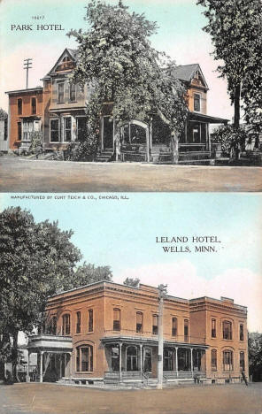 Park and Leland Hotels, Wells Minnesota, 1910