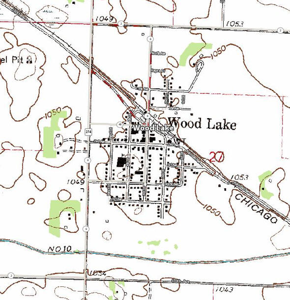 Topographic map of the Wood Lake Minnesota area