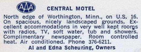 Central Motel, Worthington Minnesota, 1960's