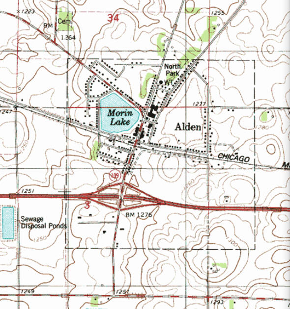 Topographic map of the Alden Minnesota area
