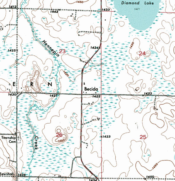 Topographic map of the Becida Minnesota area