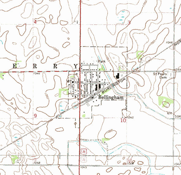 Topographic map of the Bellingham Minnesota area
