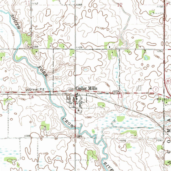 Topographic map of the Cedar Mills Minnesota area