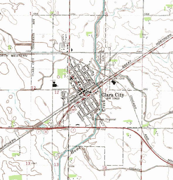 Topographic map of the Clara City Minnesota area