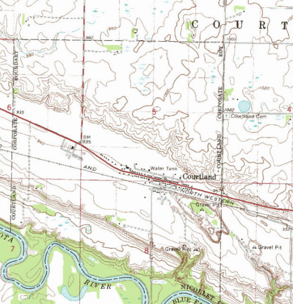 Topographic map of the Courtland Minnesota area