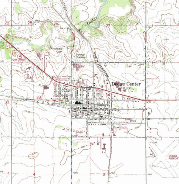 Topographic map of the Dodge Center Minnesota area