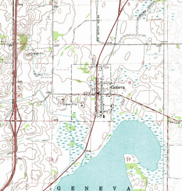 Topographic map of the Geneva Minnesota area