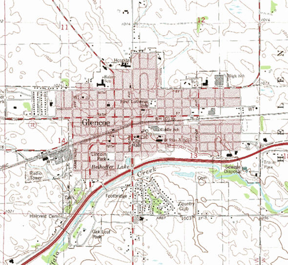 Topographic map of the Glencoe Minnesota area