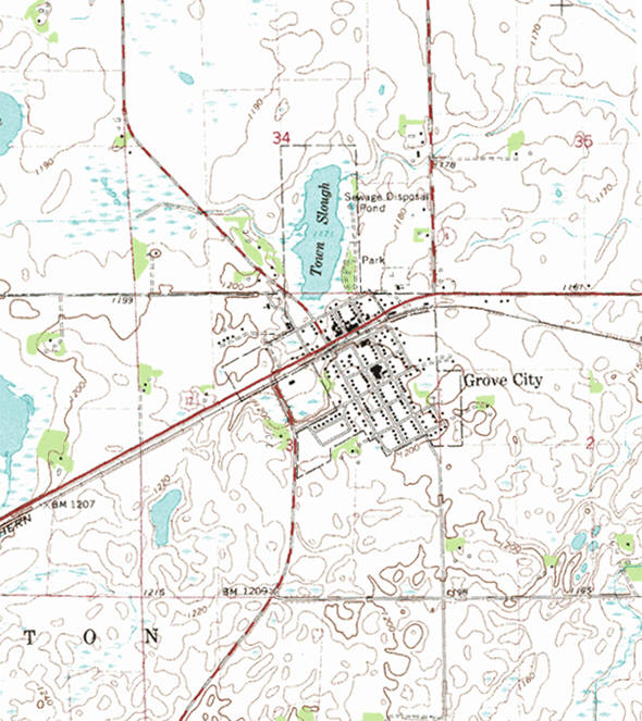 Topographic map of the Grove City Minnesota area