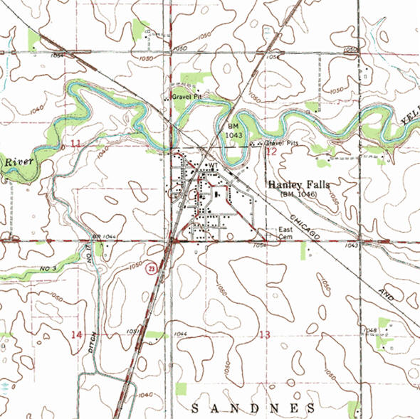 Topographic map of the Hanley Falls Minnesota area