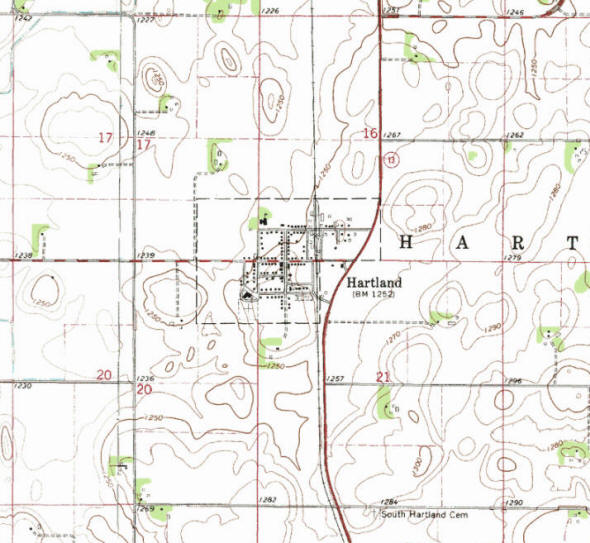 Topographic map of the Hartland Minnesota area