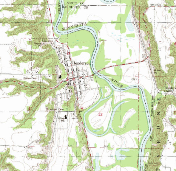 Topographic map of the Henderson Minnesota area