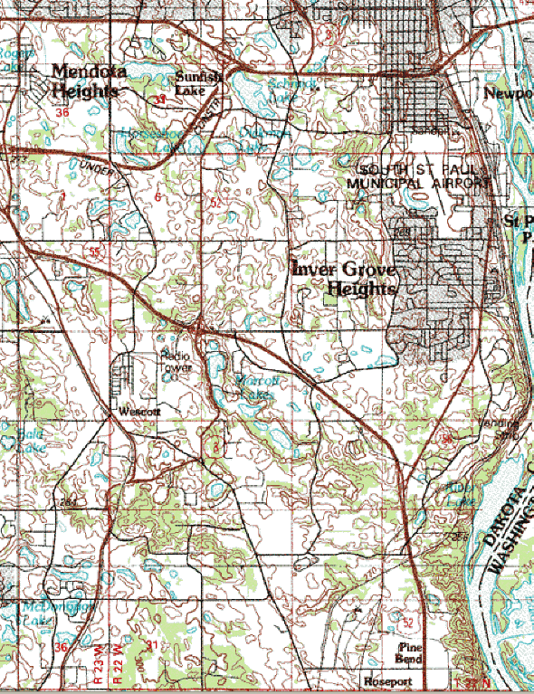 Topographic map of the Inver Grove Heights Minnesota area