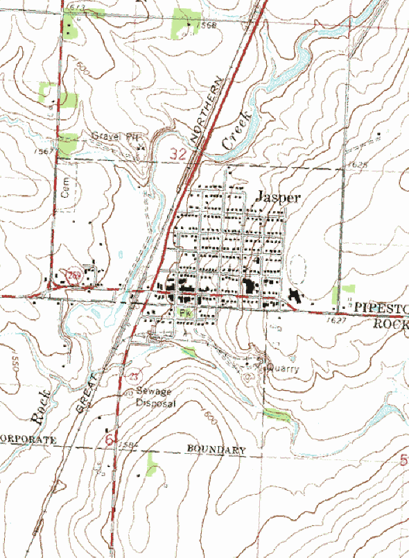 Topographic map of the Jasper Minnesota area