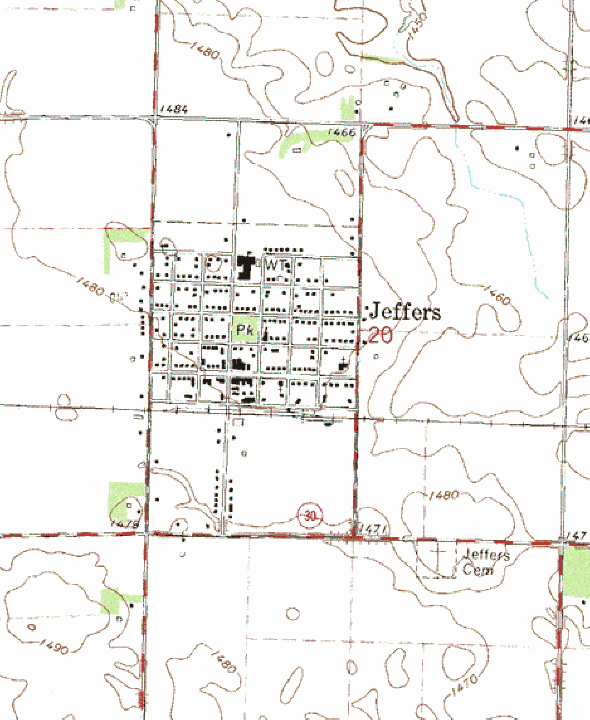 Topographic map of the Jeffers Minnesota area