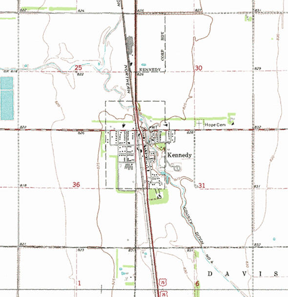 Topographic map of the Kennedy Minnesota area