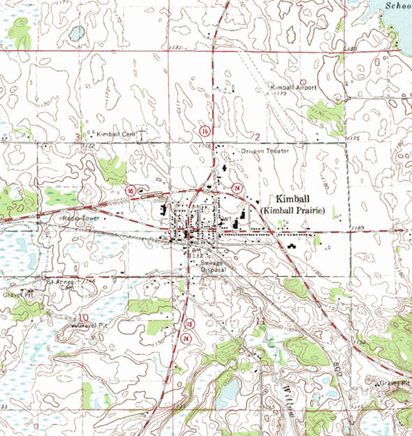 Topographic map of the Kimball Minnesota area