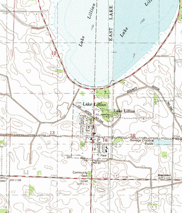 Topographic map of the Lake Lillian Minnesota area
