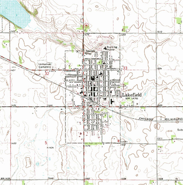 Topographic map of the Lakefield Minnesota area