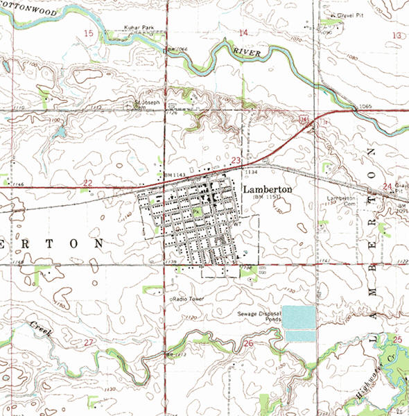 Topographic map of the Lamberton Minnesota area