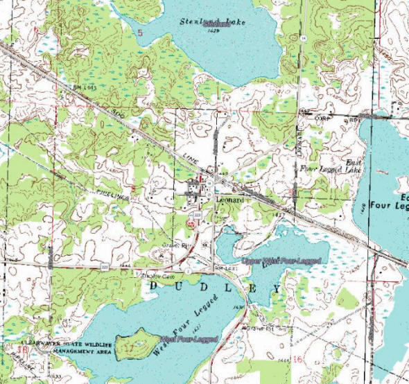 Topographic map of the Leonard Minnesota area
