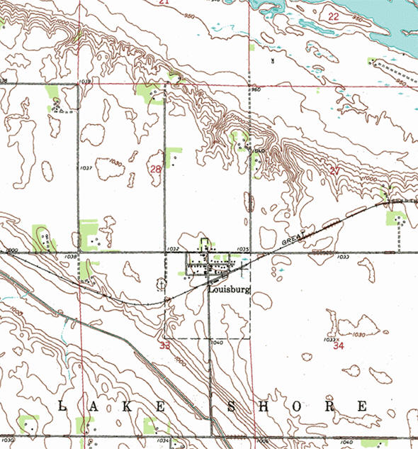 Topographic map of the Louisburg Minnesota area