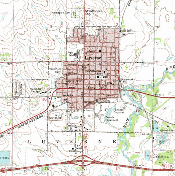 Topographic map of the Luverne Minnesota area