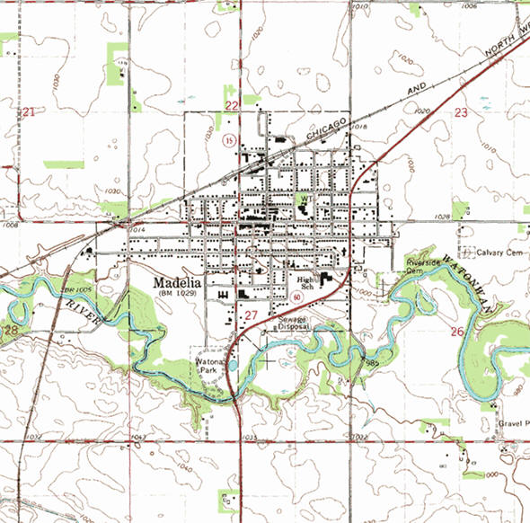 Topographic map of the Madelia Minnesota area