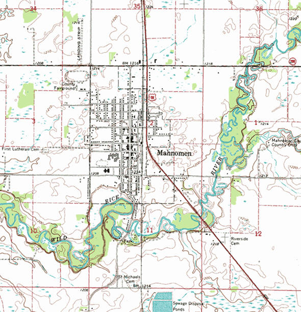 Topographic map of the Mahnomen Minnesota area