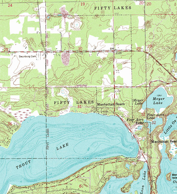 Topographic map of the Manhattan Beach Minnesota area