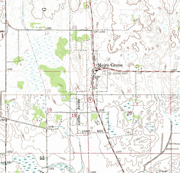 Topographic map of the Meire Grove Minnesota area
