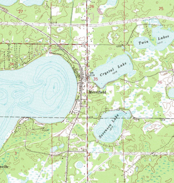 Topographic map of the Merrifield Minnesota area