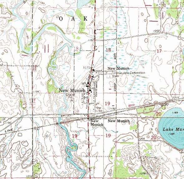 Topographic map of the New Munich Minnesota area