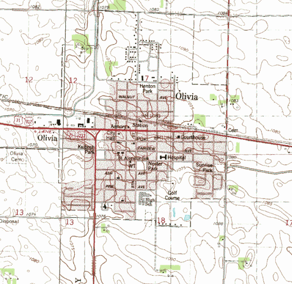 Topographic map of the Olivia Minnesota area