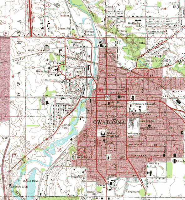 Topographic map of the Owatonna Minnesota area