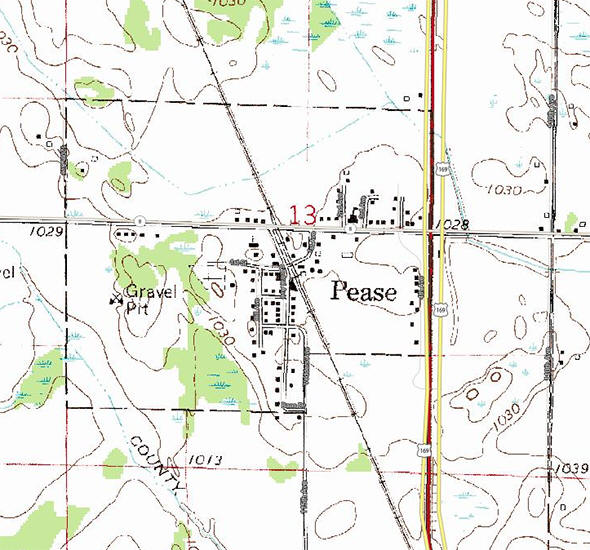 Topographic map of the Pease Minnesota area