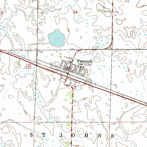 Topographic map of the Pennock Minnesota area